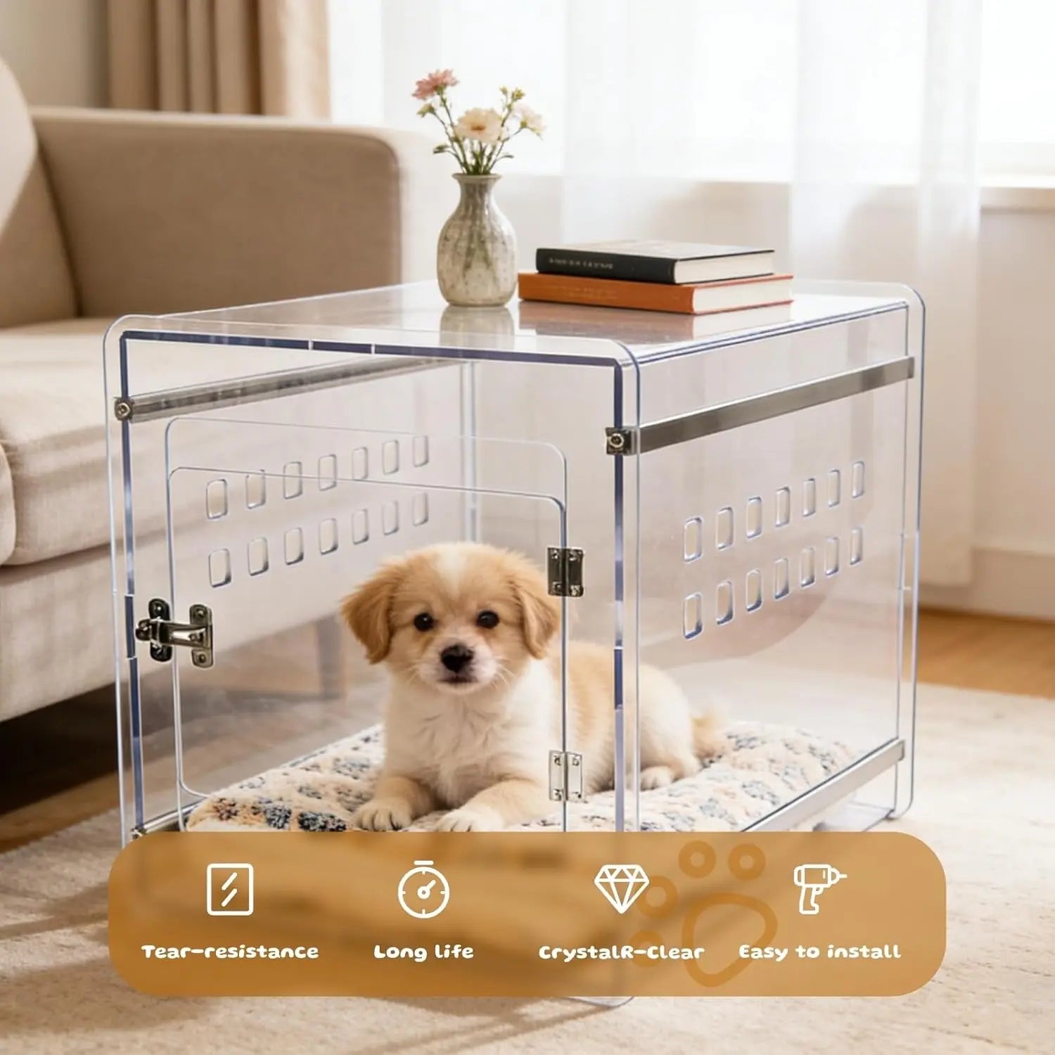 Modern Clear Dog Crate Furniture | Lockable PC Kennel End Table (Small–Med)