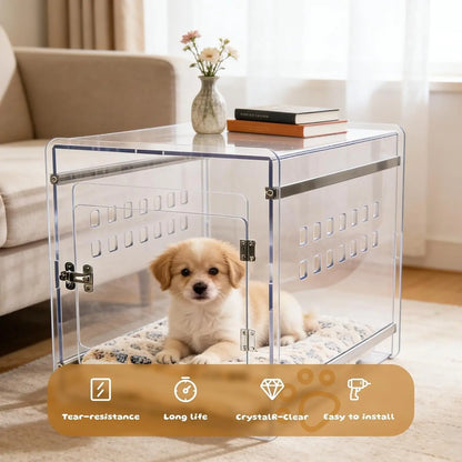Modern Clear Dog Crate Furniture | Lockable PC Kennel End Table (Small–Med)