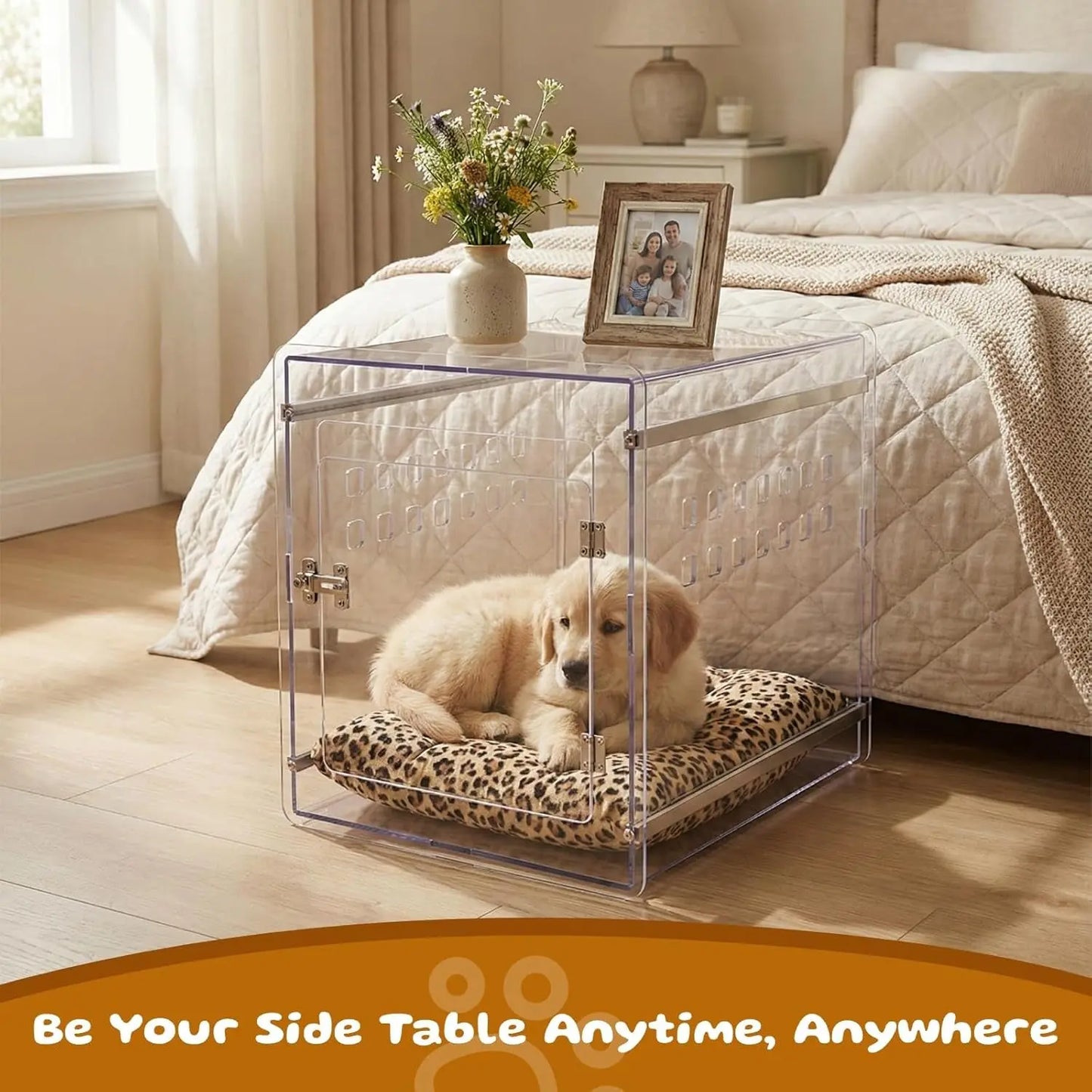 Modern Clear Dog Crate Furniture | Lockable PC Kennel End Table (Small–Med)