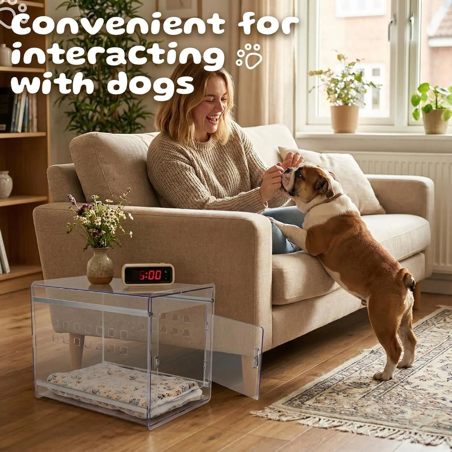 Modern Clear Dog Crate Furniture | Lockable PC Kennel End Table (Small–Med)