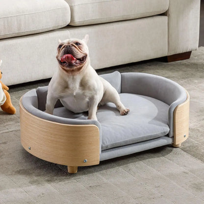 Modern Elevated Pet Sofa Bed with Wood Legs, Velvet Cushion, Washable Cover Light Gray - Wood Medium