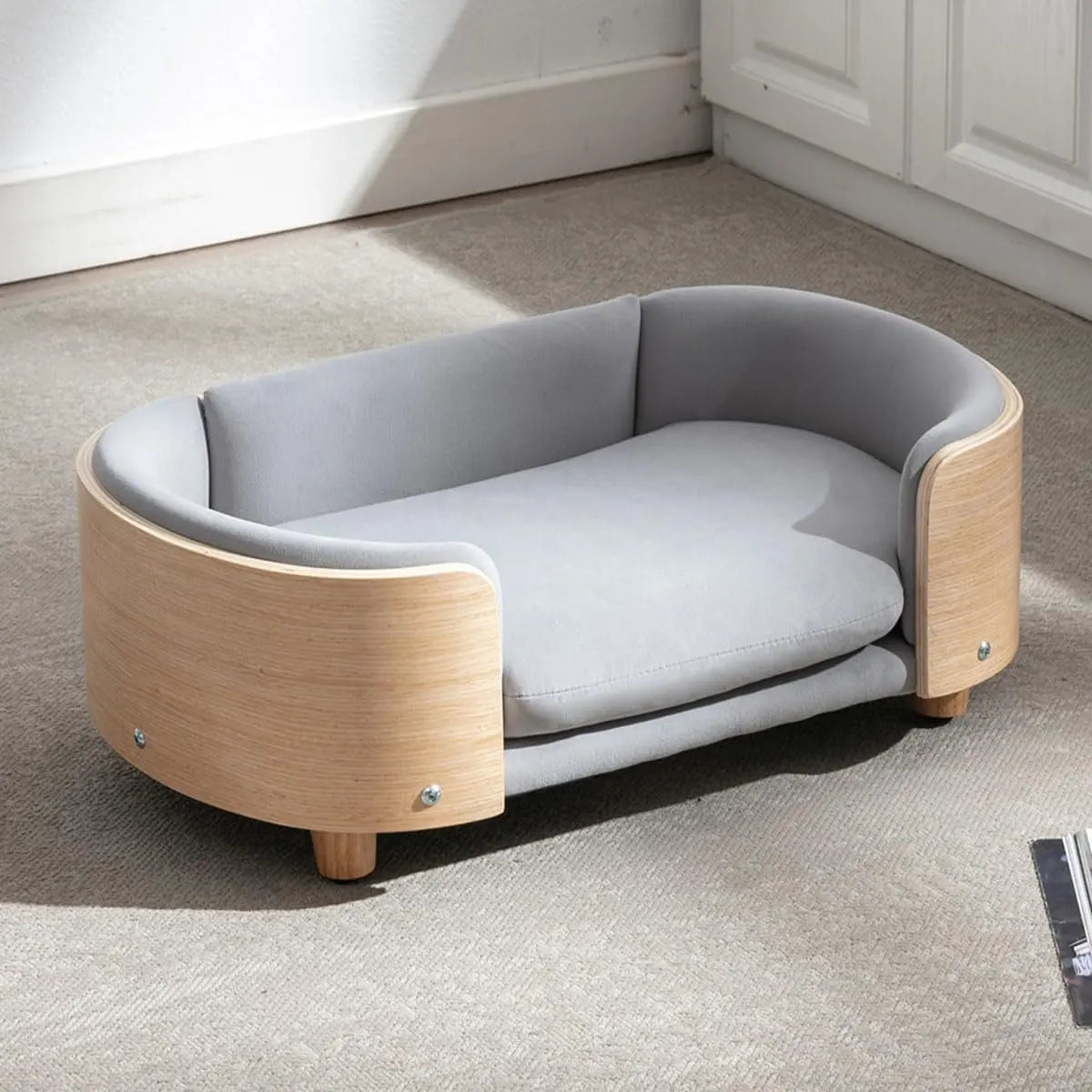 Modern Elevated Pet Sofa Bed with Wood Legs, Velvet Cushion, Washable Cover Light Gray - Wood Small