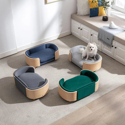 Modern Elevated Pet Sofa Bed with Wood Legs, Velvet Cushion, Washable Cover