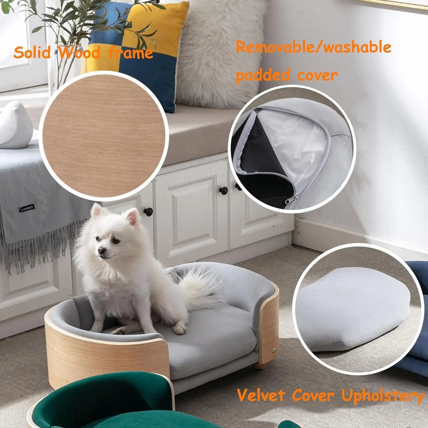 Modern Elevated Pet Sofa Bed with Wood Legs, Velvet Cushion, Washable Cover