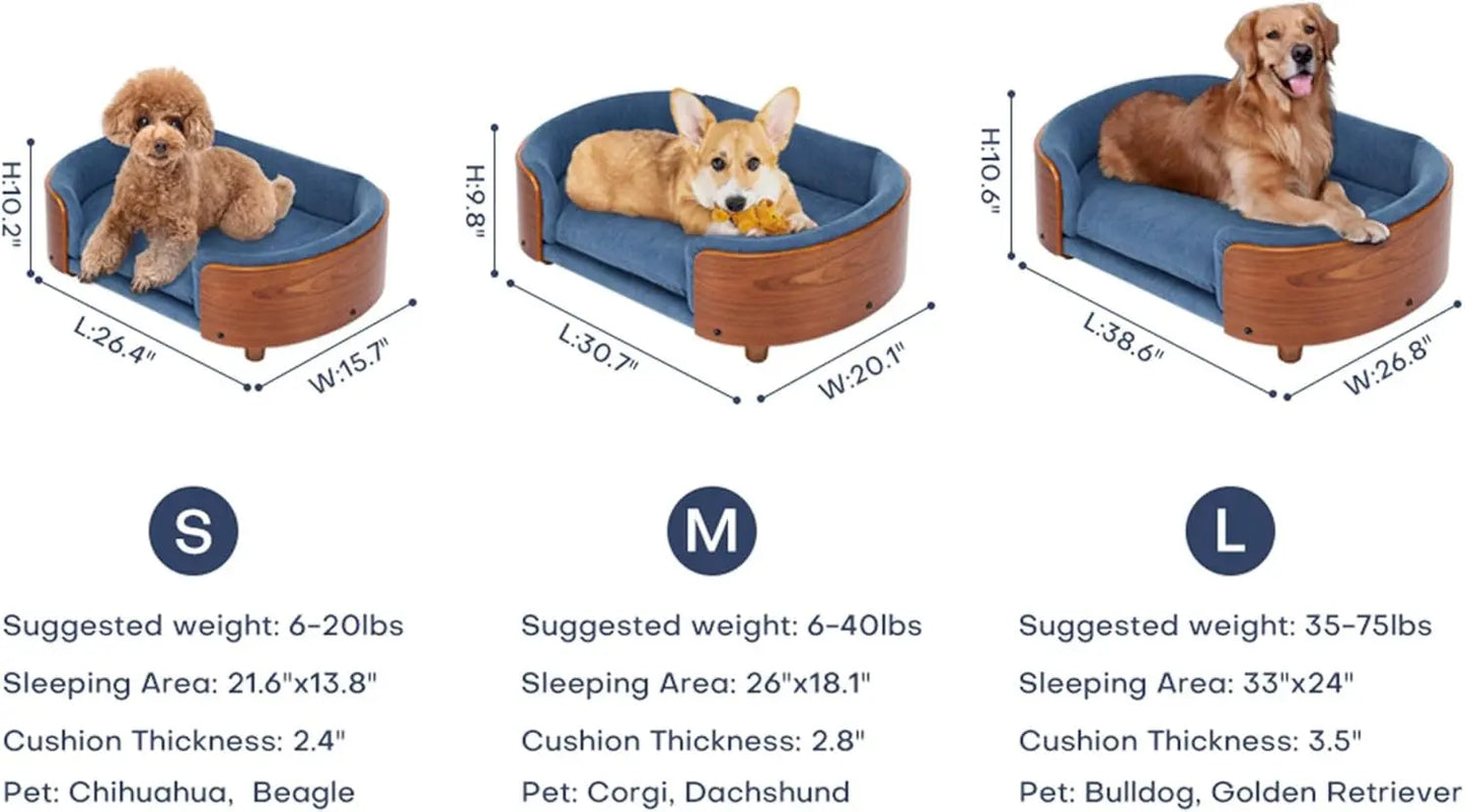 Modern Elevated Pet Sofa Bed with Wood Legs, Velvet Cushion, Washable Cover