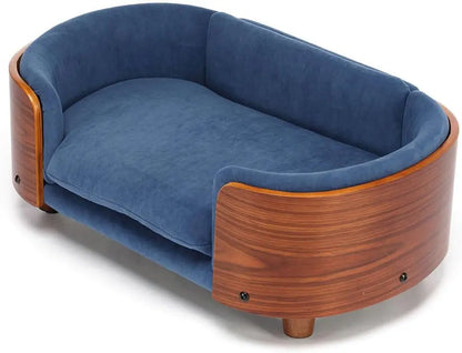 Modern Elevated Pet Sofa Bed with Wood Legs, Velvet Cushion, Washable Cover Blue - Walnut Small