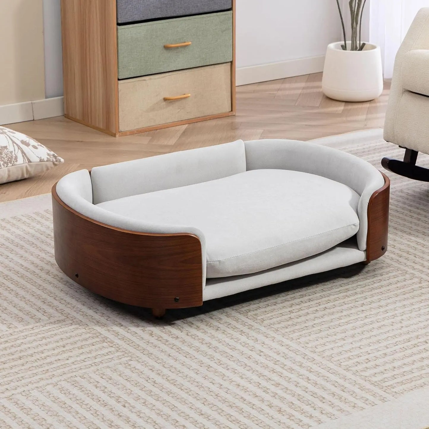 Modern Elevated Pet Sofa Bed with Wood Legs, Velvet Cushion, Washable Cover Light Gray - Walnut Large