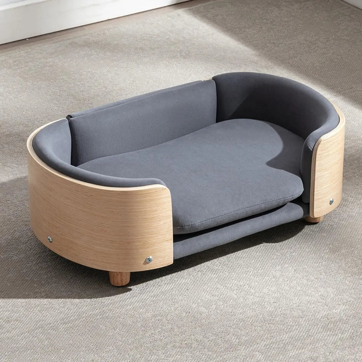 Modern Elevated Pet Sofa Bed with Wood Legs, Velvet Cushion, Washable Cover Dark Gray - Wood Small