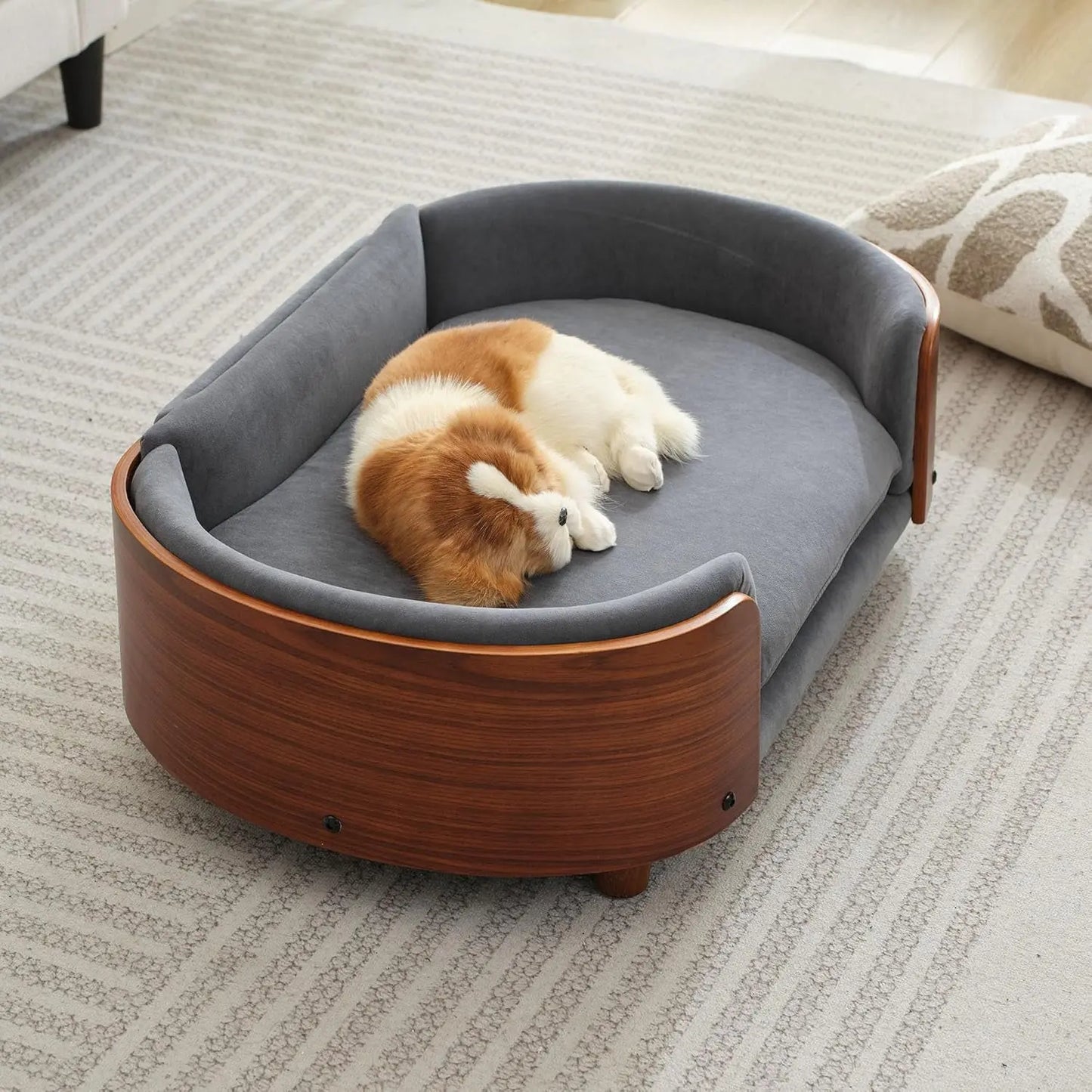 Modern Elevated Pet Sofa Bed with Wood Legs, Velvet Cushion, Washable Cover Dark Grey - Walnut Medium