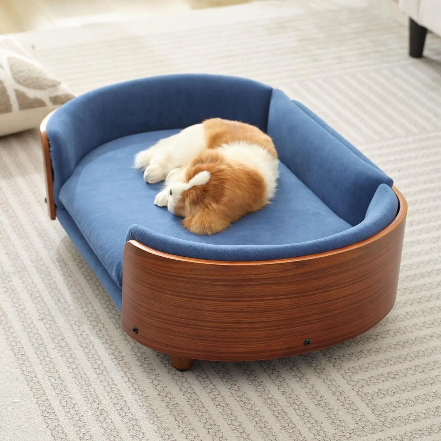 Modern Elevated Pet Sofa Bed with Wood Legs, Velvet Cushion, Washable Cover Blue - Walnut Medium