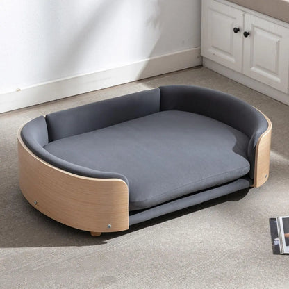 Modern Elevated Pet Sofa Bed with Wood Legs, Velvet Cushion, Washable Cover Dark Gray - Wood Large