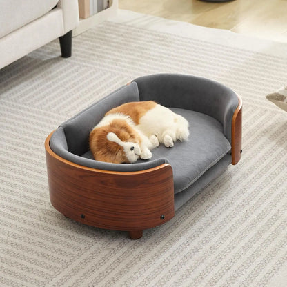 Modern Elevated Pet Sofa Bed with Wood Legs, Velvet Cushion, Washable Cover Dark Gray - Walnut Small