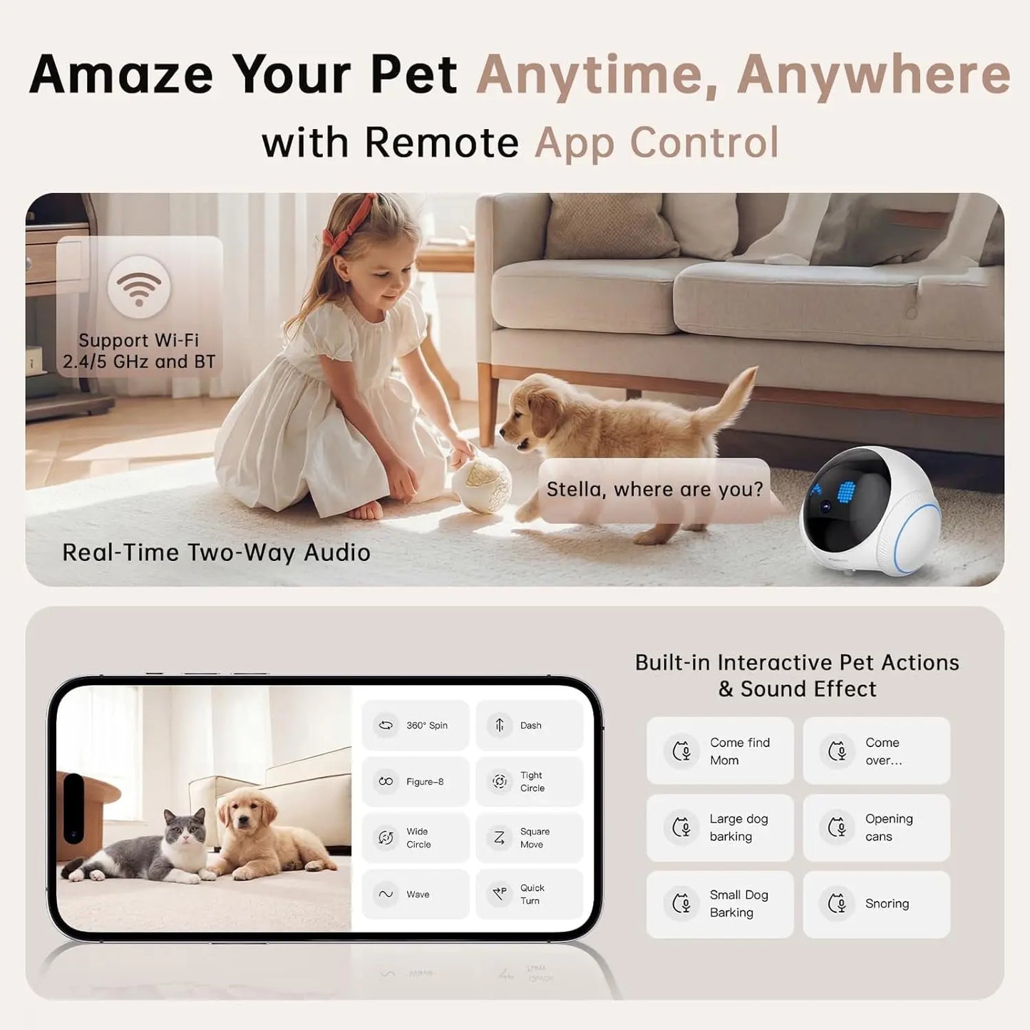 Movable Pet Camera Robot 1080P Two Way Audio Night Vision Auto Recharge