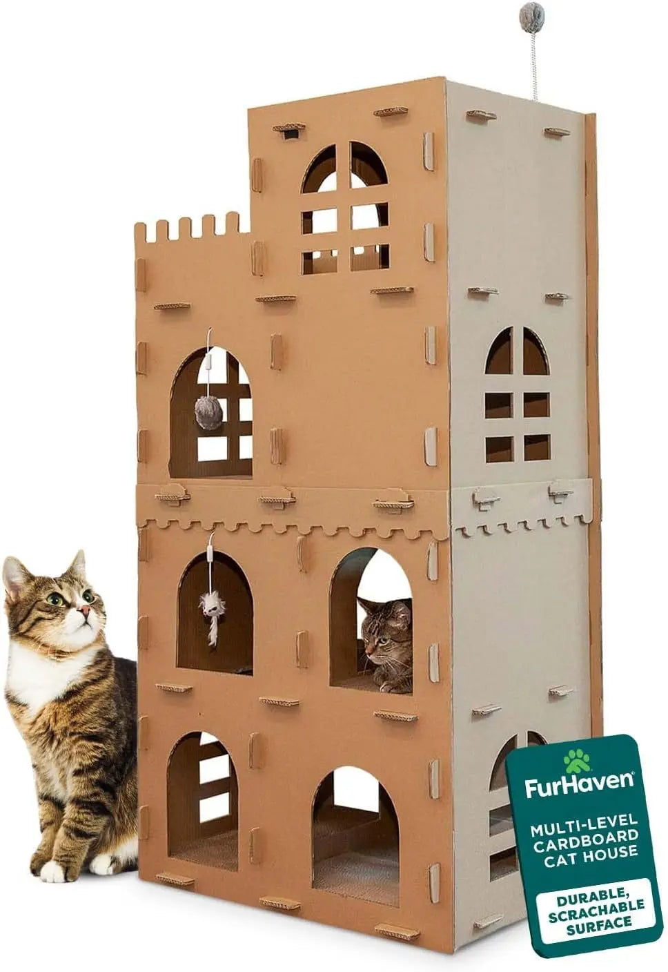 Multi-Level Cardboard Cat House & Scratcher Tower with Catnip & Toys Medieval Castle Playground