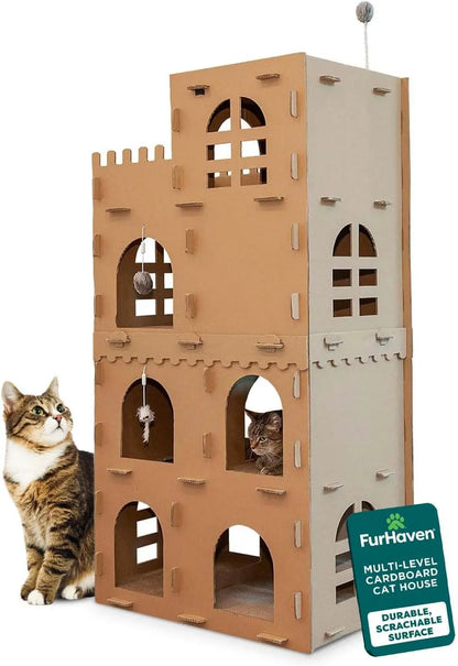 Multi-Level Cardboard Cat House & Scratcher Tower with Catnip & Toys Medieval Castle Playground