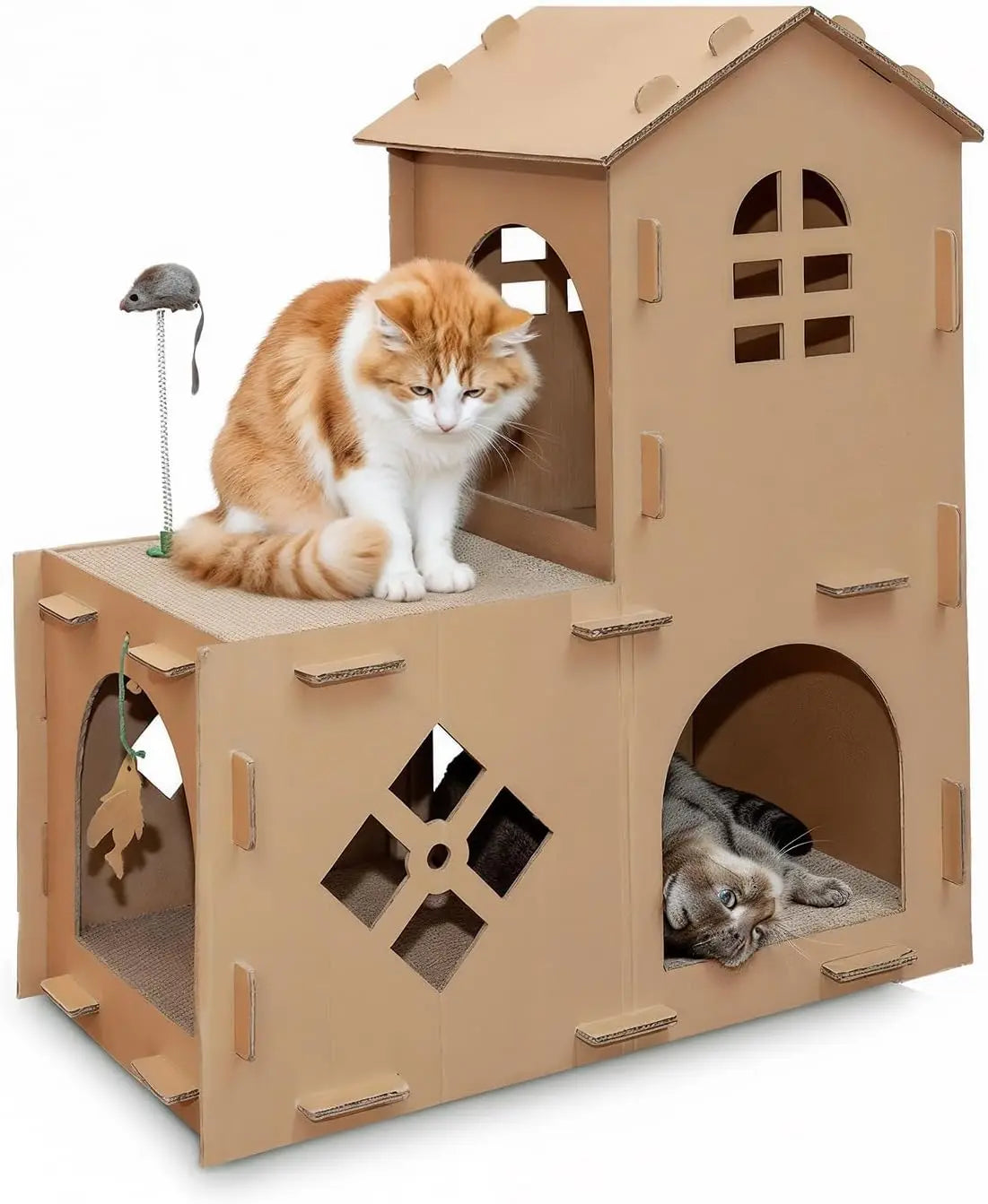 Multi-Level Cardboard Cat House & Scratcher Tower with Catnip & Toys Farmhouse Playground