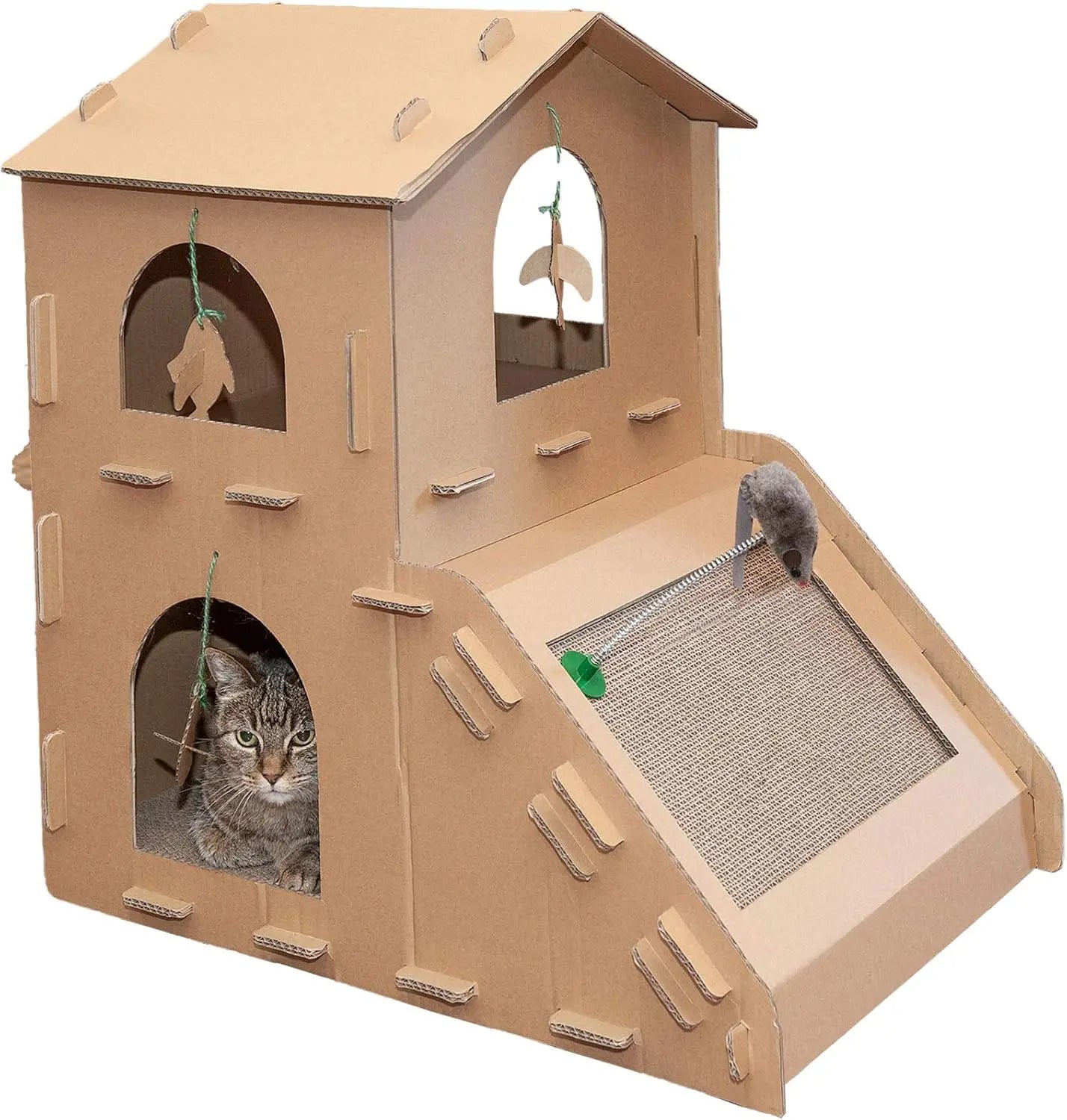 Multi-Level Cardboard Cat House & Scratcher Tower with Catnip & Toys Townhouse Playground