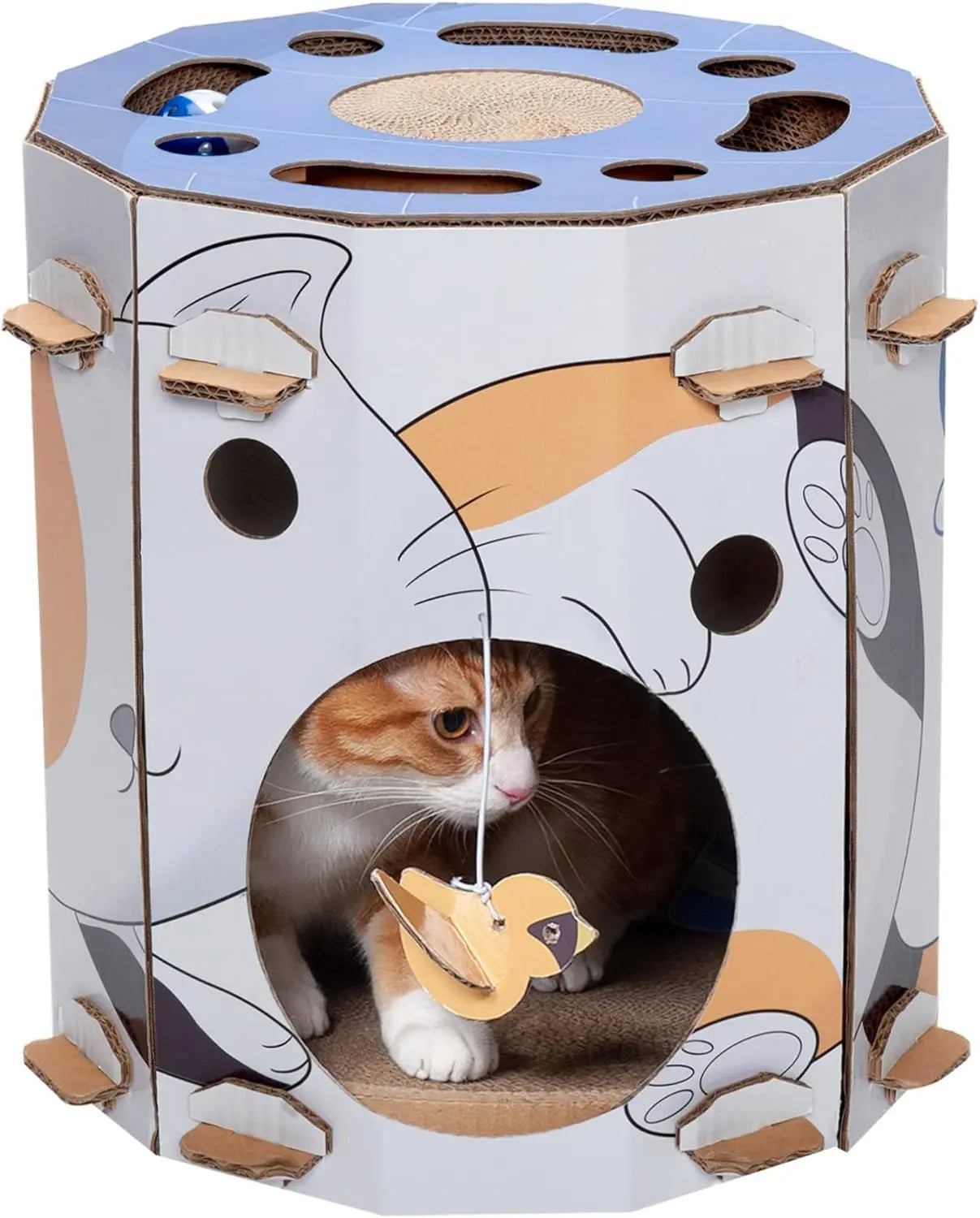 Multi-Level Cardboard Cat House & Scratcher Tower with Catnip & Toys Busy Kitty Playhouse