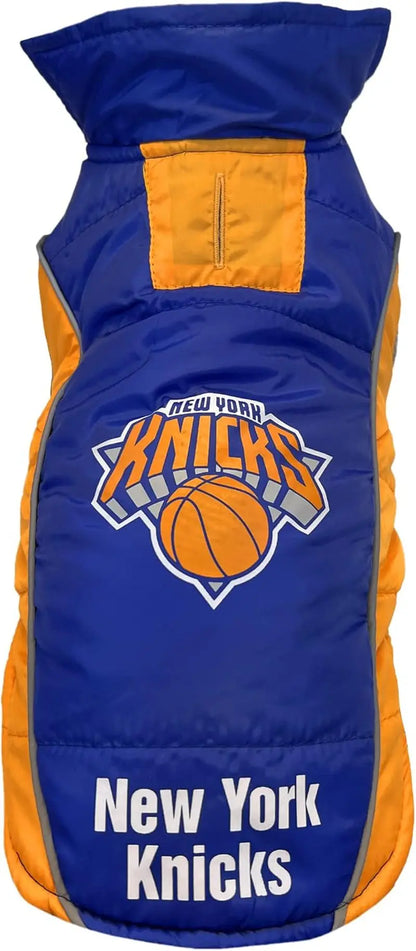 NBA Dog Puffer Vest Waterproof Winter Coat – Licensed Team Sports Jacket New York Knicks