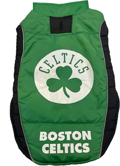 NBA Dog Puffer Vest Waterproof Winter Coat – Licensed Team Sports Jacket Boston Celtics