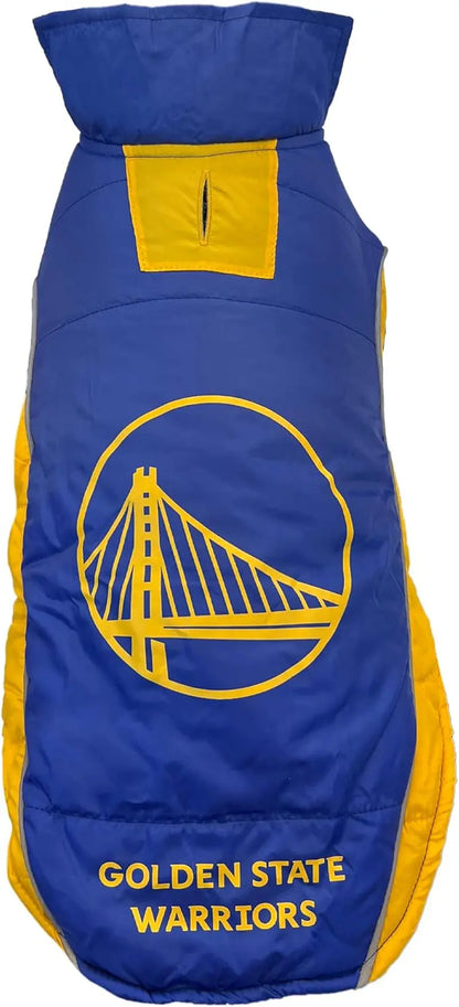 NBA Dog Puffer Vest Waterproof Winter Coat – Licensed Team Sports Jacket Golden State Warriors