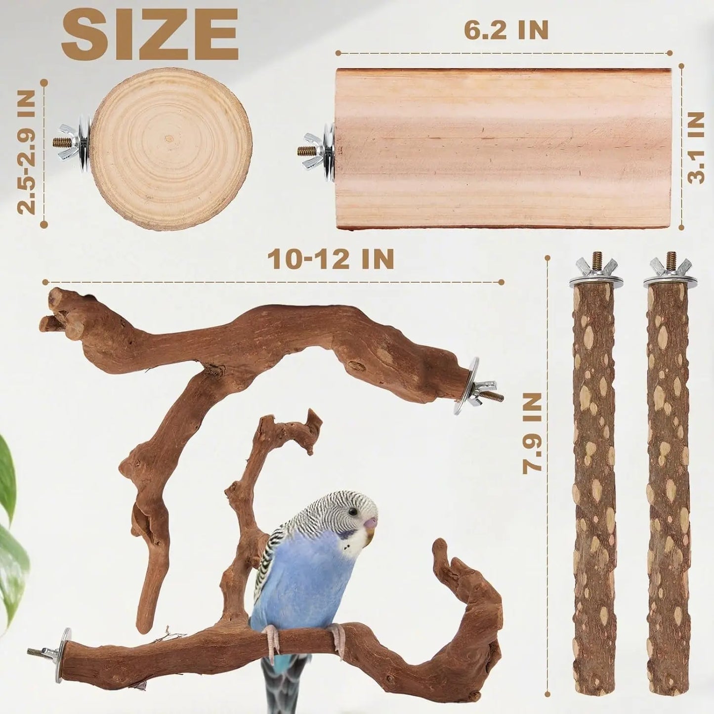 Natural Bird Perch Set – 6PC Grapewood & Peppercorn Branch Perches, Toys