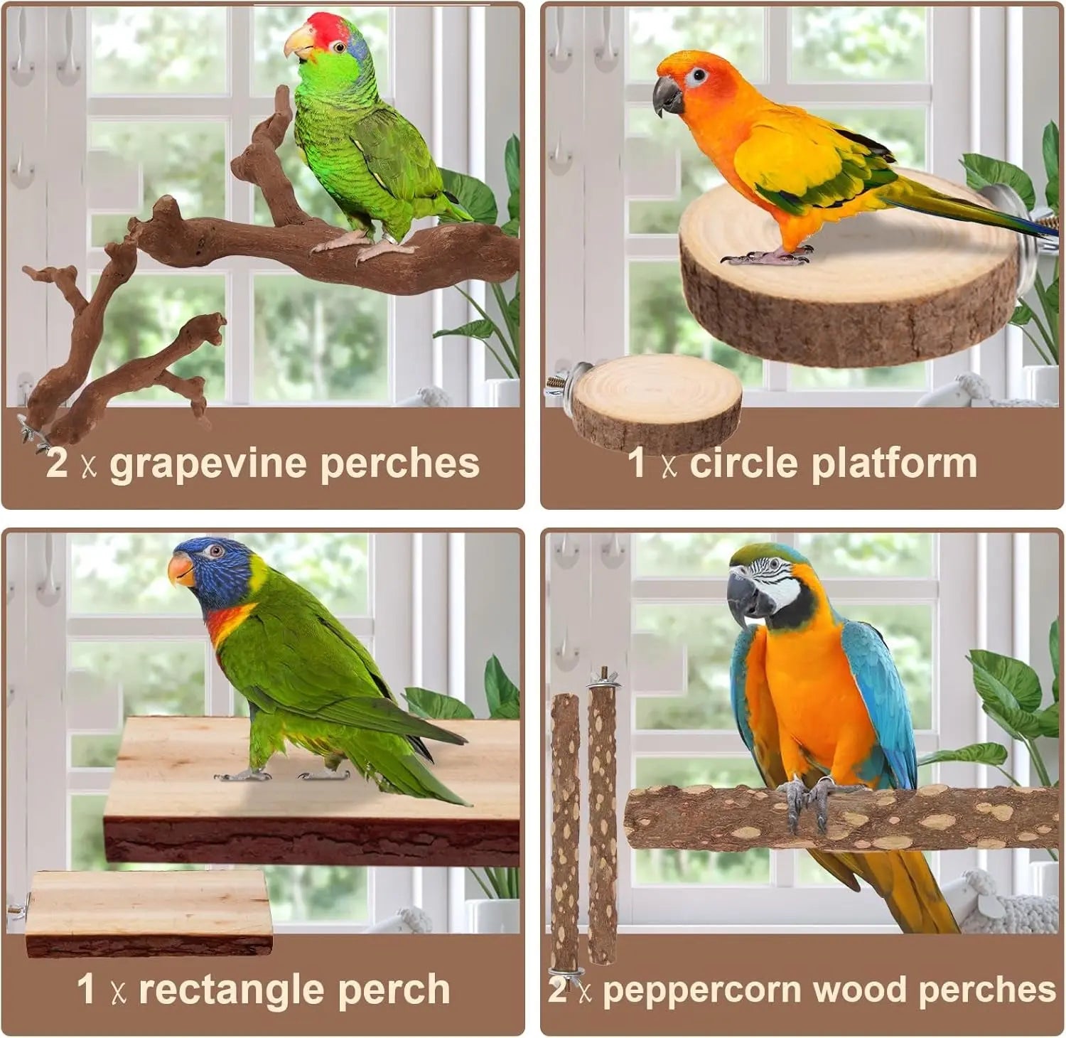 Natural Bird Perch Set – 6PC Grapewood & Peppercorn Branch Perches, Toys