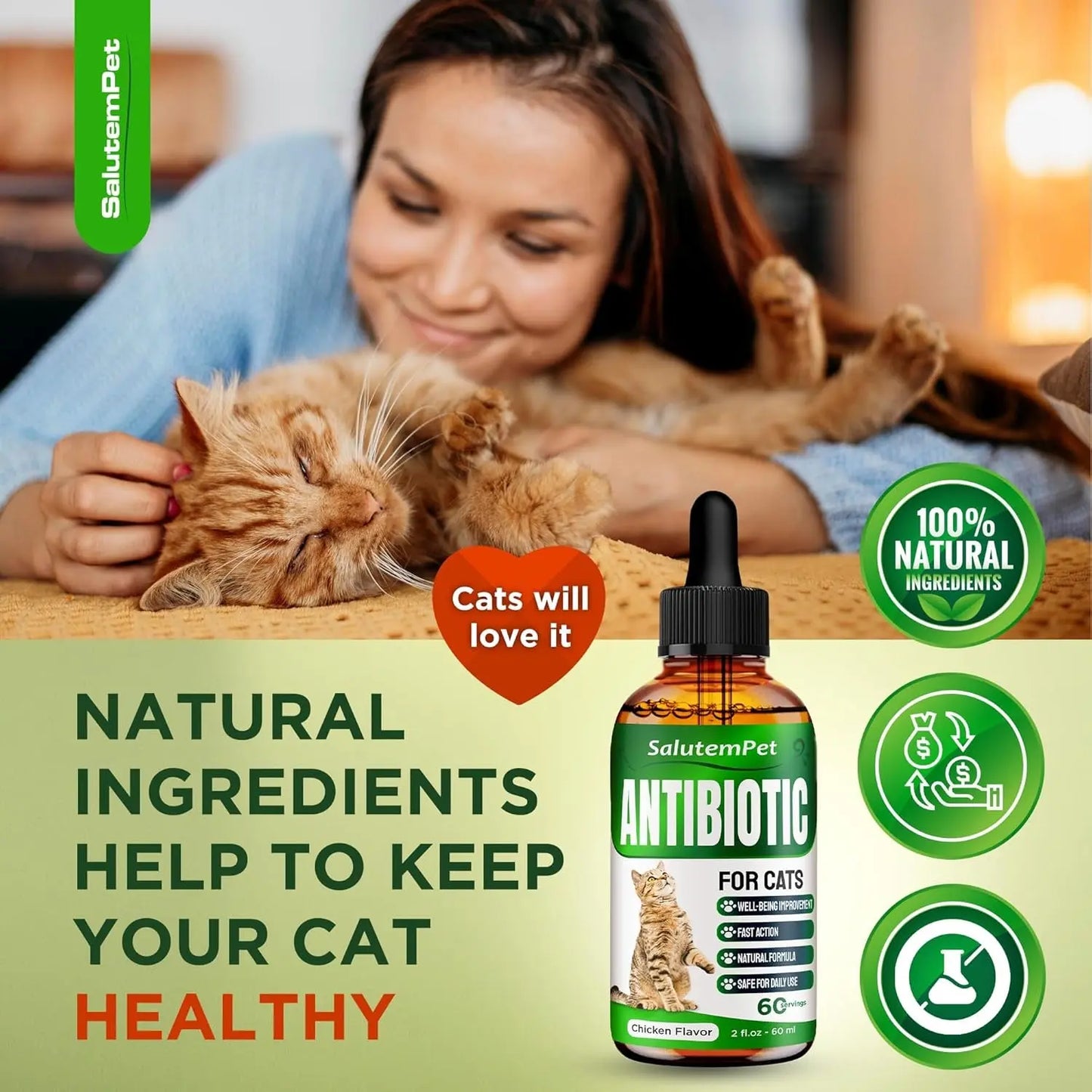 Natural Immune Support Drops for Cats, Chicken Flavor Liquid Supplement 2oz