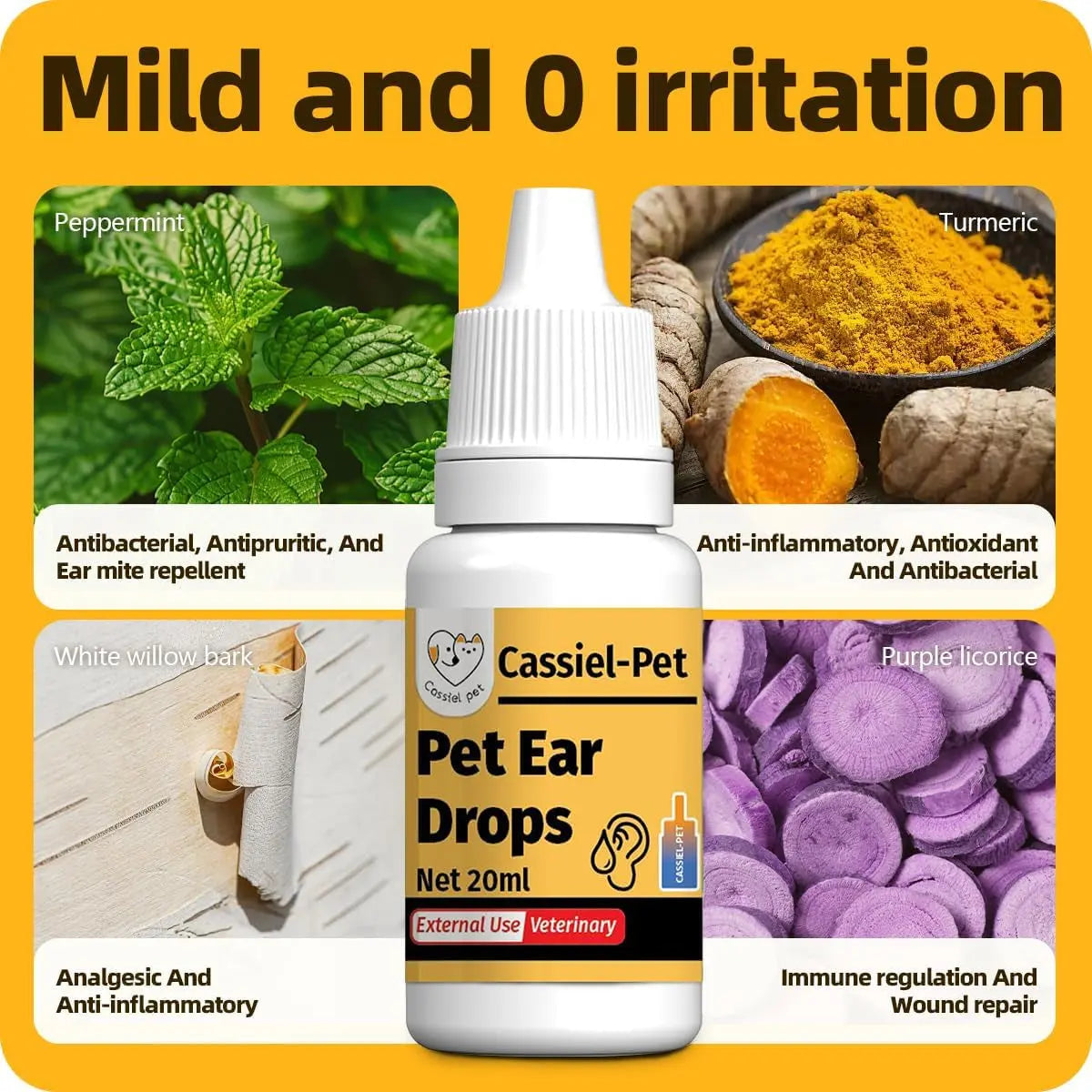 Natural Pet Ear Drops for Dogs & Cats Ear Mites & Ear Infection Care 20 ml