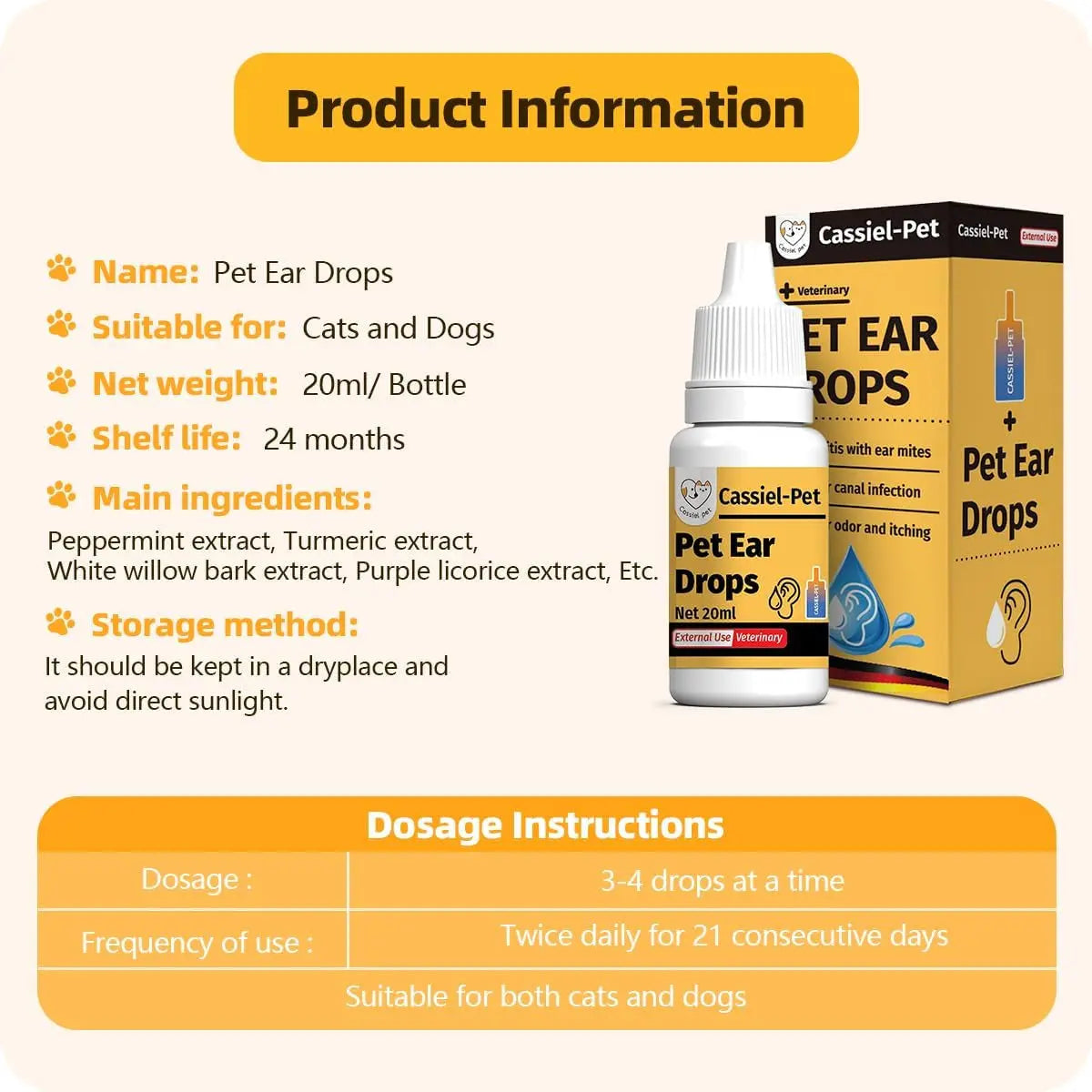 Natural Pet Ear Drops for Dogs & Cats Ear Mites & Ear Infection Care 20 ml