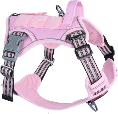 No Pull Tactical Dog Harness, Adjustable Reflective Training Vest w/ Handle Pink