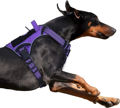 No Pull Tactical Dog Harness, Adjustable Reflective Training Vest w/ Handle Purple L(Neck:19-25", Chest:21-35")