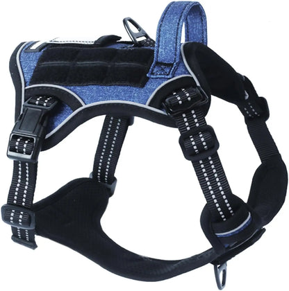No Pull Tactical Dog Harness, Adjustable Reflective Training Vest w/ Handle Denim Blue
