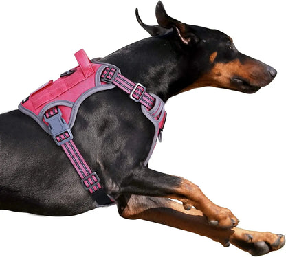 No Pull Tactical Dog Harness, Adjustable Reflective Training Vest w/ Handle Rose Red L(Neck:19-25", Chest:21-35")
