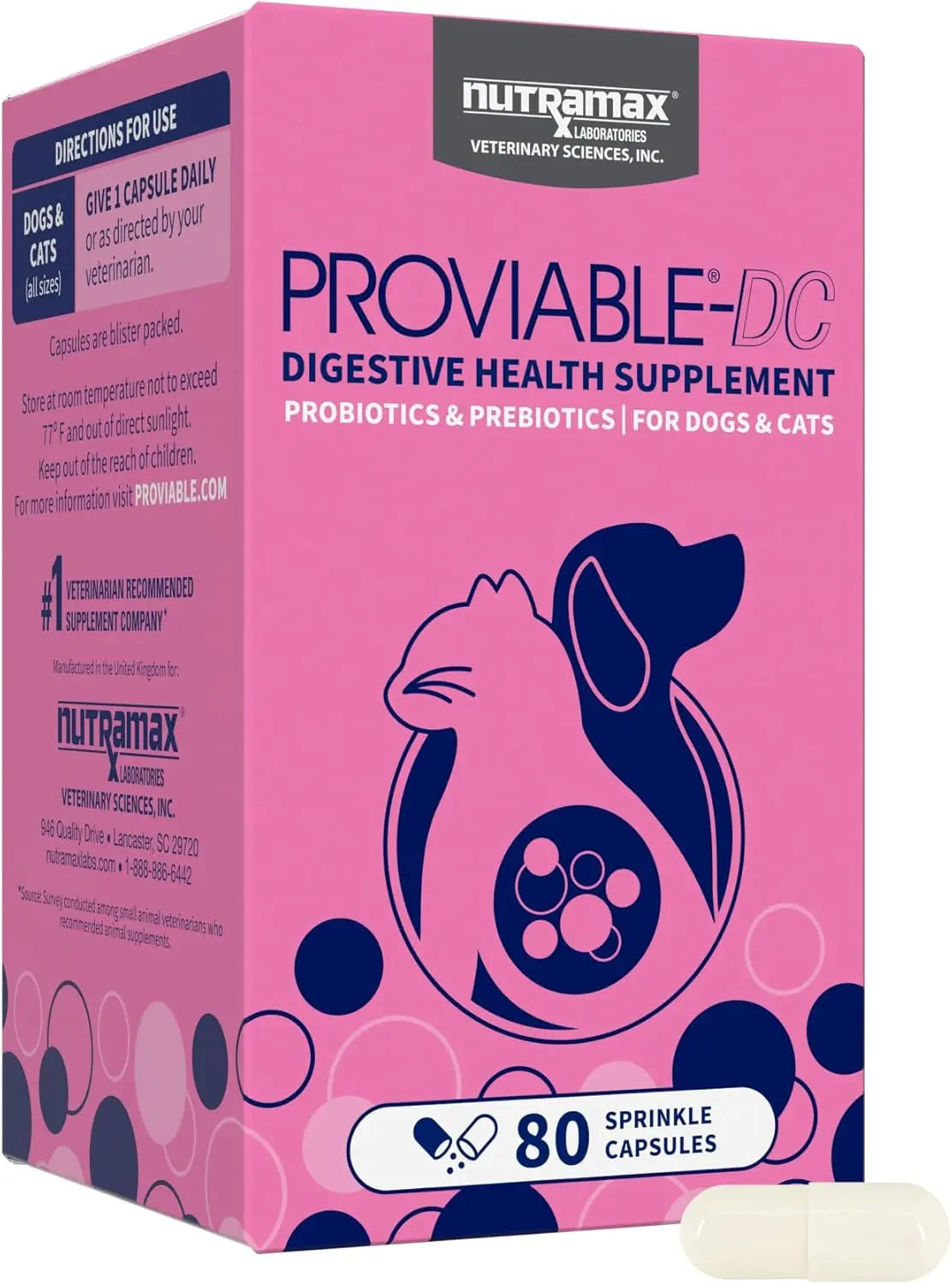 Nutramax Proviable Probiotics for Dogs & Cats – Daily Digestive Health 80 Count