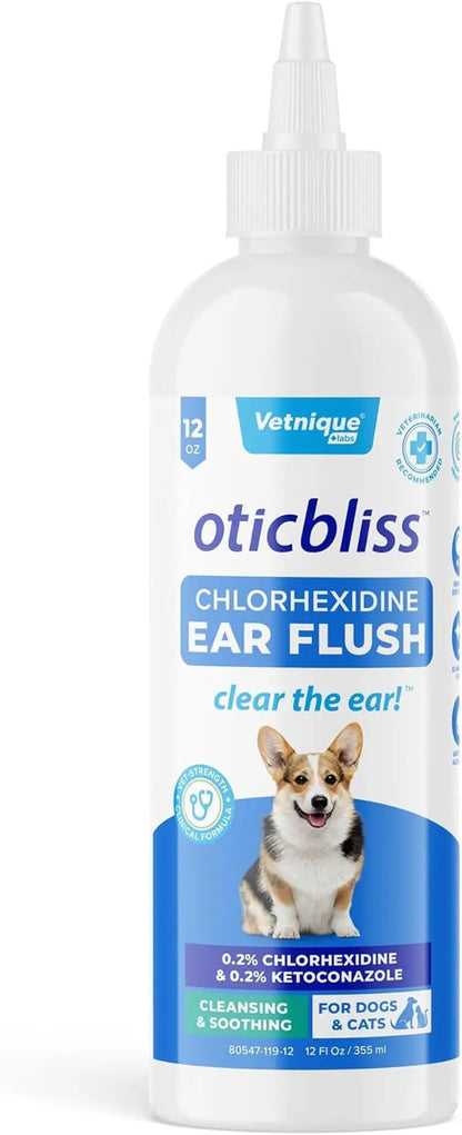 Oticbliss Medicated Ear Flush for Dogs & Cats – Chlorhexidine & Ketoconazole 12oz 12Oz Flush