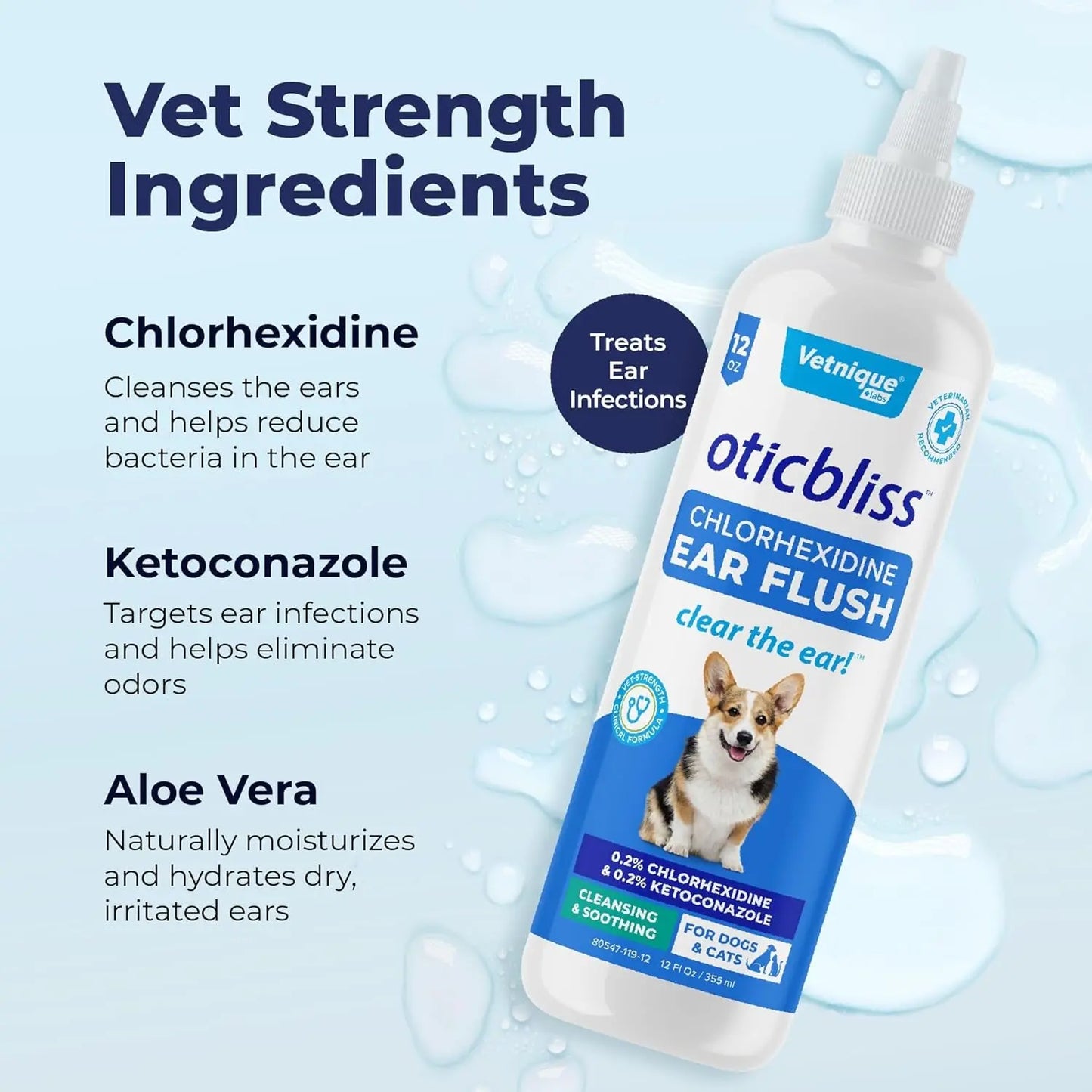 Oticbliss Medicated Ear Flush for Dogs & Cats – Chlorhexidine & Ketoconazole 12oz
