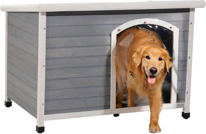 Outdoor Dog House – Weatherproof Wooden Kennel w/ Door Flap & Raised Floor Large 45.6" X 30.9" X 32.1" Light Grey
