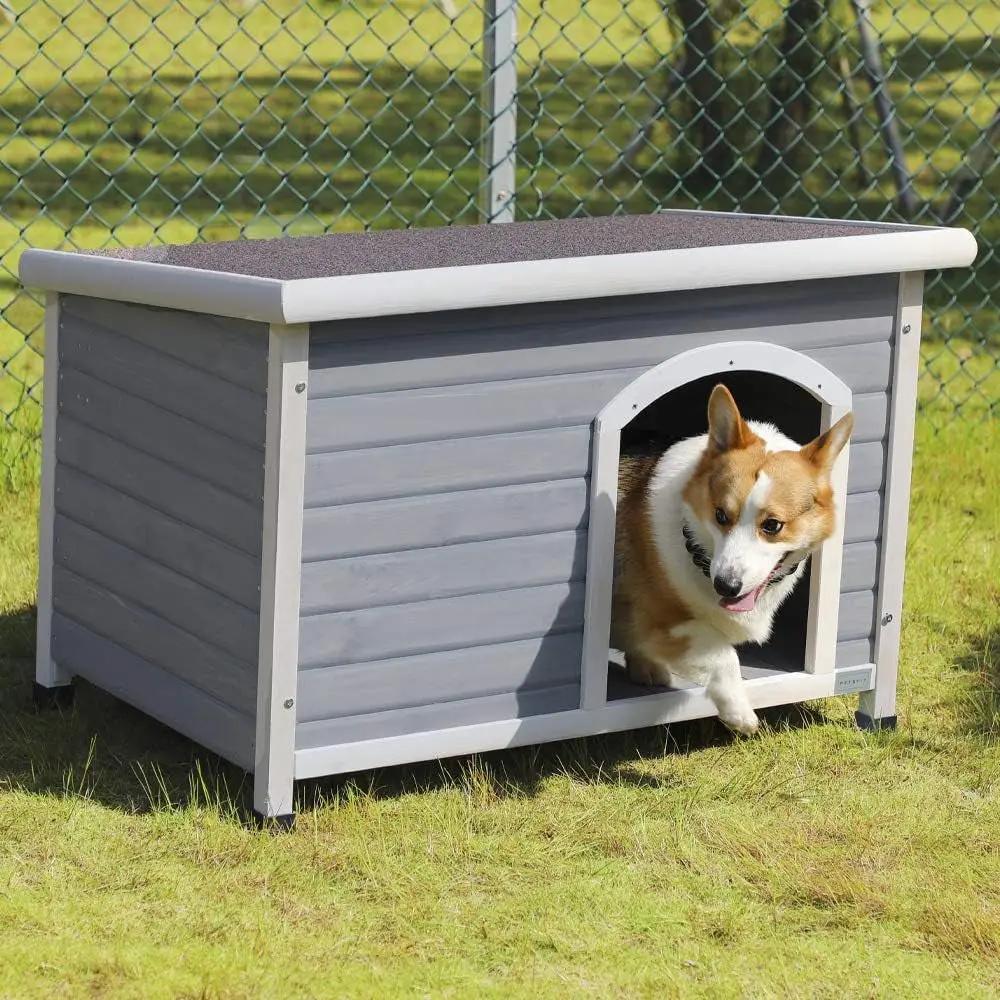 Outdoor Dog House – Weatherproof Wooden Kennel w/ Door Flap & Raised Floor Medium 40.8" X 26" X 27.6" Light Grey