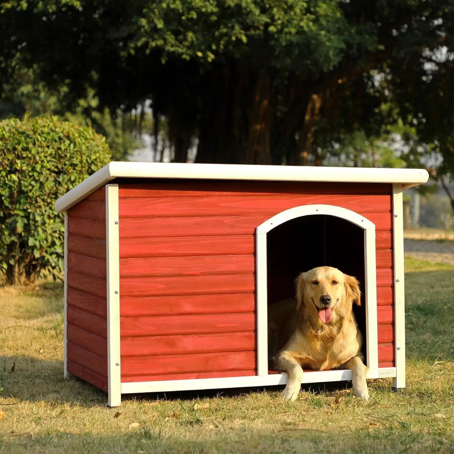 Outdoor Dog House – Weatherproof Wooden Kennel w/ Door Flap & Raised Floor Large 45.6" X 30.9" X 32.1" Red