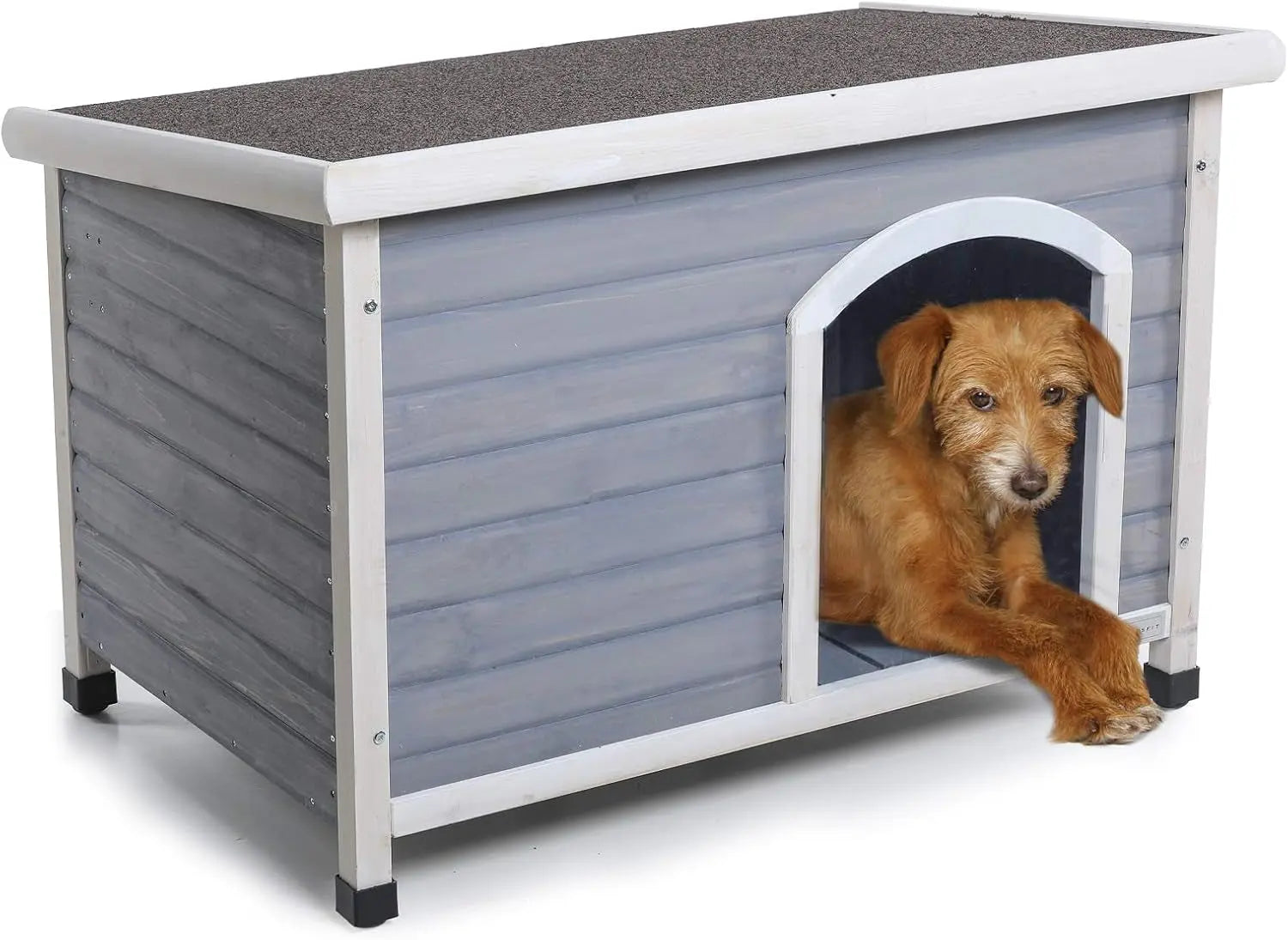 Outdoor Dog House – Weatherproof Wooden Kennel w/ Door Flap & Raised Floor Small 33.7" X 22.6"X 23" Light Grey