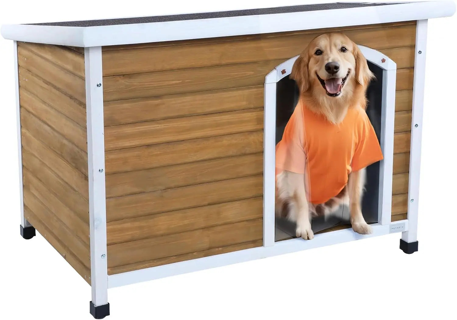 Outdoor Dog House – Weatherproof Wooden Kennel w/ Door Flap & Raised Floor Large 45.6" X 30.9" X 32.1" Yellow And White