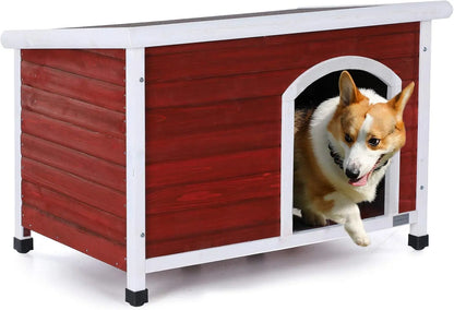 Outdoor Dog House – Weatherproof Wooden Kennel w/ Door Flap & Raised Floor Medium 40.8" X 26" X 27.6" Red