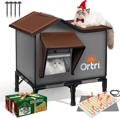 Heated Outdoor Cat House Waterproof Insulated Winter Shelter w/ Heating Pad 20" Brown L: 20.2" X 14.3" X 20.5"