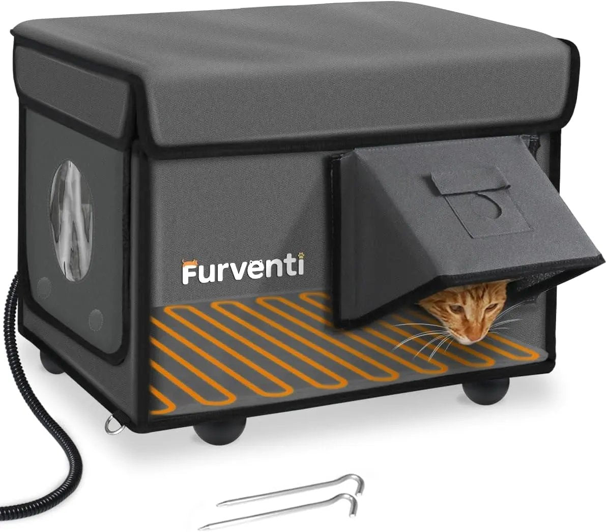 Outdoor Heated Cat House - Weatherproof Winter Shelter with Escape Door & Pad Dark Grey 16.9"L X 12.6"W X 13.4"H