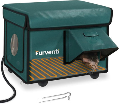 Outdoor Heated Cat House - Weatherproof Winter Shelter with Escape Door & Pad Dark Green