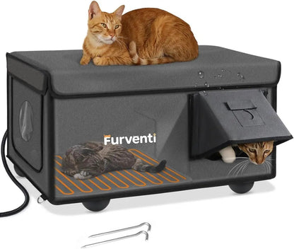 Outdoor Heated Cat House - Weatherproof Winter Shelter with Escape Door & Pad Dark Grey 25.6"L X 16.5"W X 13.4"H