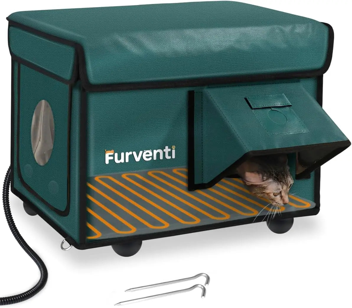 Outdoor Heated Cat House - Weatherproof Winter Shelter with Escape Door & Pad Dark Green