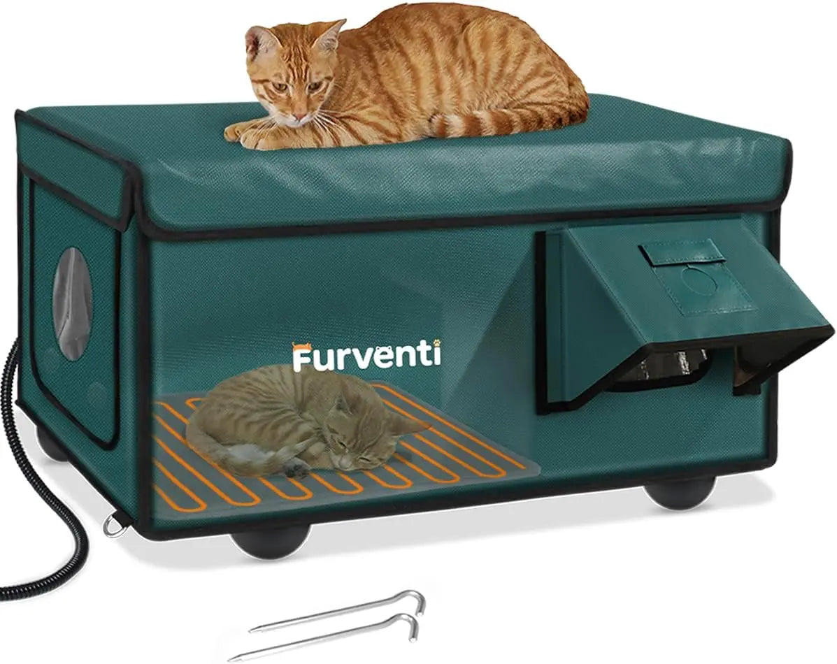 Outdoor Heated Cat House - Weatherproof Winter Shelter with Escape Door & Pad Dark Green 25.6"L X 16.5"W X 13.4"H