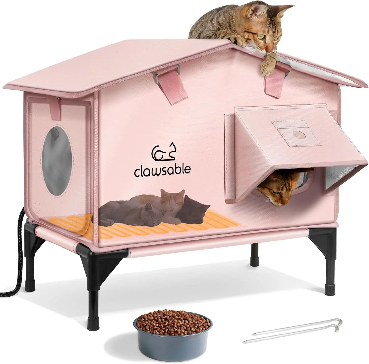 Outdoor Heated Cat House – Insulated Shelter w/ Escape Door & Waterproof Awning Peach Pink 22.0"L X 12.0"W X 20.0"H